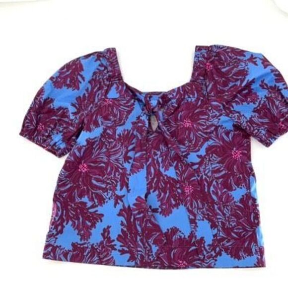 Lilly Pulitzer Blue Red Floral Tie Front Square Neck Short Sleeve Blouse Size 2 - Picture 8 of 8